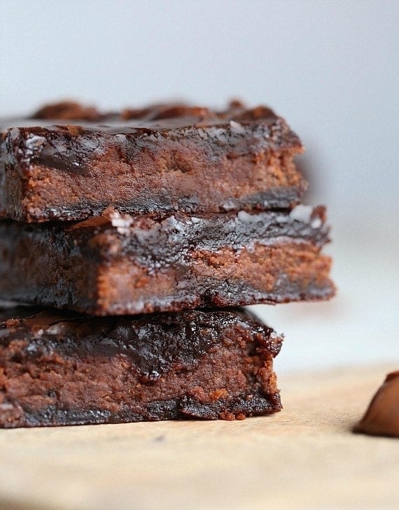 Three Nutella brownies stacked on top of each other.