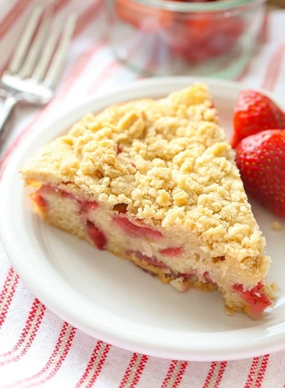 This Strawberry Buckle Recipe is moist, dense and topped with delicious crumb topping!