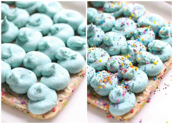 Unicorn bars are a fun, easy dessert! Buttery, soft-baked funfetti cookie bars loaded with rainbow sprinkles and frosted with homemade icing. Side by side images of unicorn bars topped with creamy blue frosting and sprinkles.