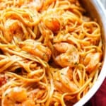 Shrimp pasta served in a pan