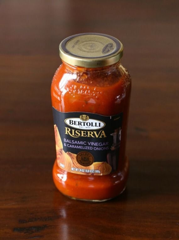 A jar of marinara sauce.