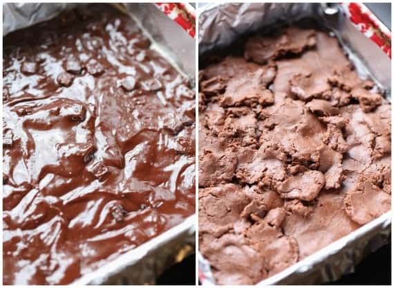 Side by side photos of unbaked and baked Nutella brownies in a pan.