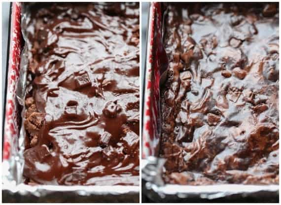 Side by side photos of unbaked and baked Nutella brownies in a pan.