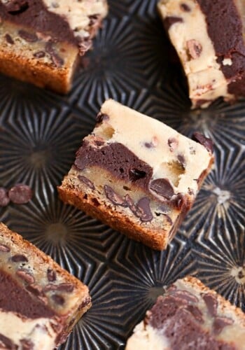 I call these Cavity Brownies!! They are a layer of chocolate chip cookie, topped with a layer of brownie and finished with egg free cookie dough! 3 layers of bliss!