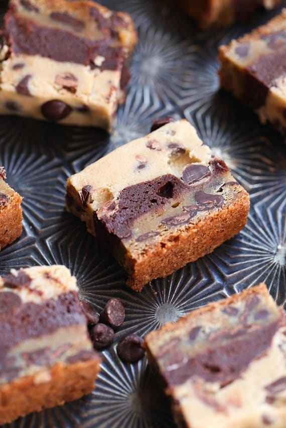 I call these Cavity Bars!! They are a layer of chocolate chip cookie, topped with a layer of brownie and finished with egg free cookie dough! 3 layers of bliss!