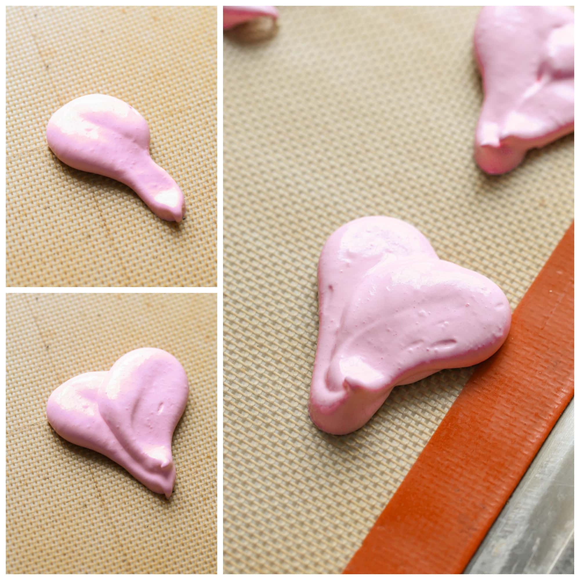 Photo collage showing how to pipe out pink meringue into a heart shape.