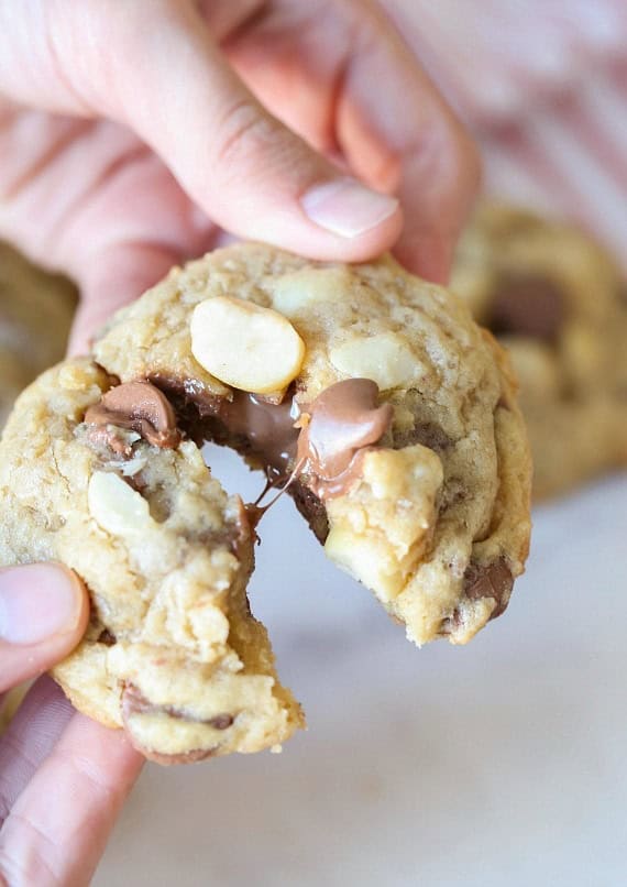 A homemade Sausalito cookie is torn in half, revealing gooey chocolate chips.