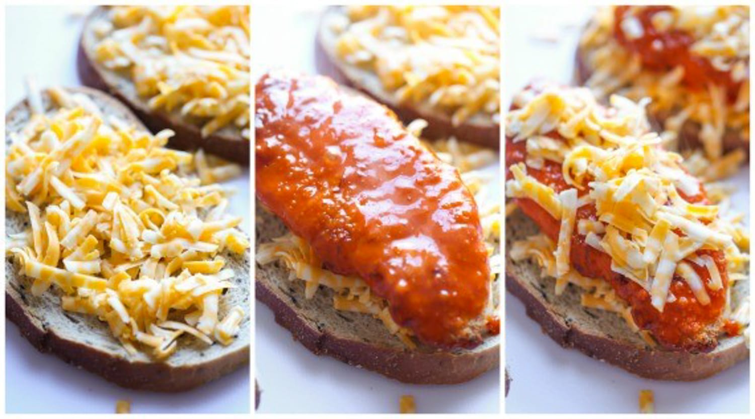 assembling the buffalo chicken sandwich with layers of grated cheese and a hot sauce soaked chicken breast