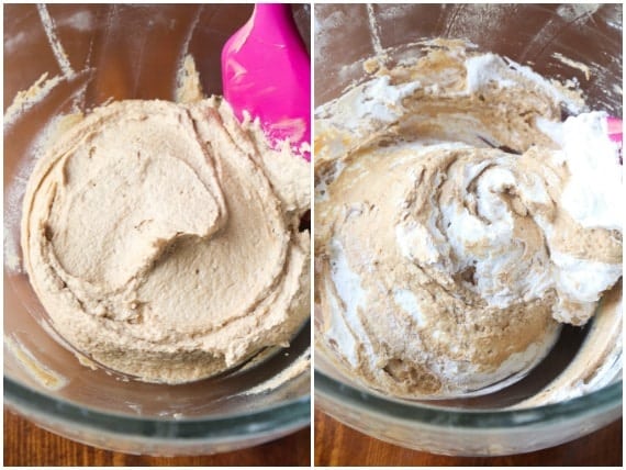 A Collage of Two Images of Mixing the Cookie Butter Pie Filling in a Glass Bowl