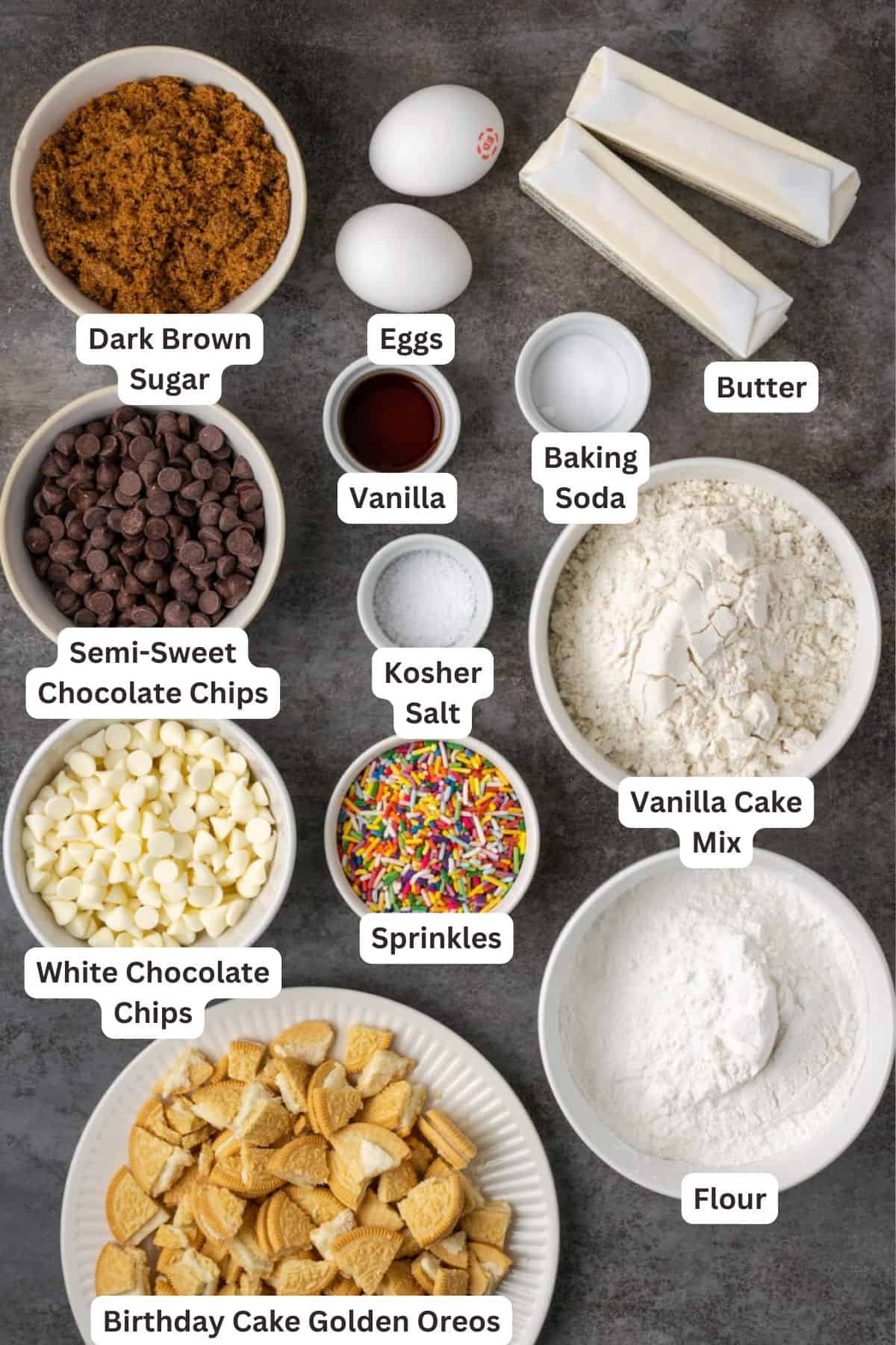 Ingredients for Birthday Cake Chocolate Chip Cookies.