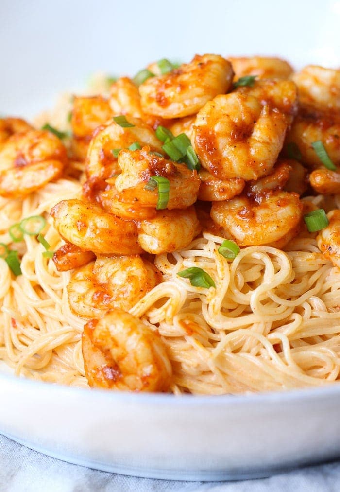 Skinny Bang Bang Shrimp Pasta recipe is a healthy easy shrimp recipe!