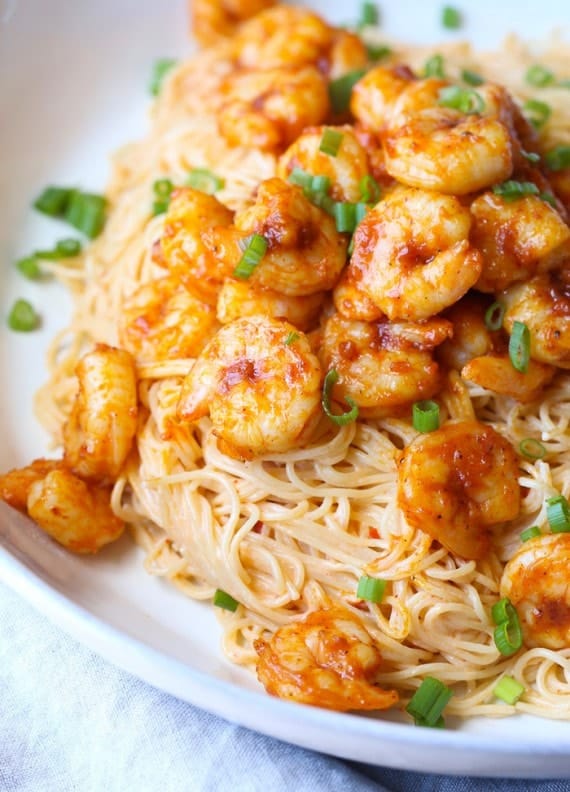 Skinny Bang Bang Shrimp Pasta is loaded with flavor and lighter on calories!