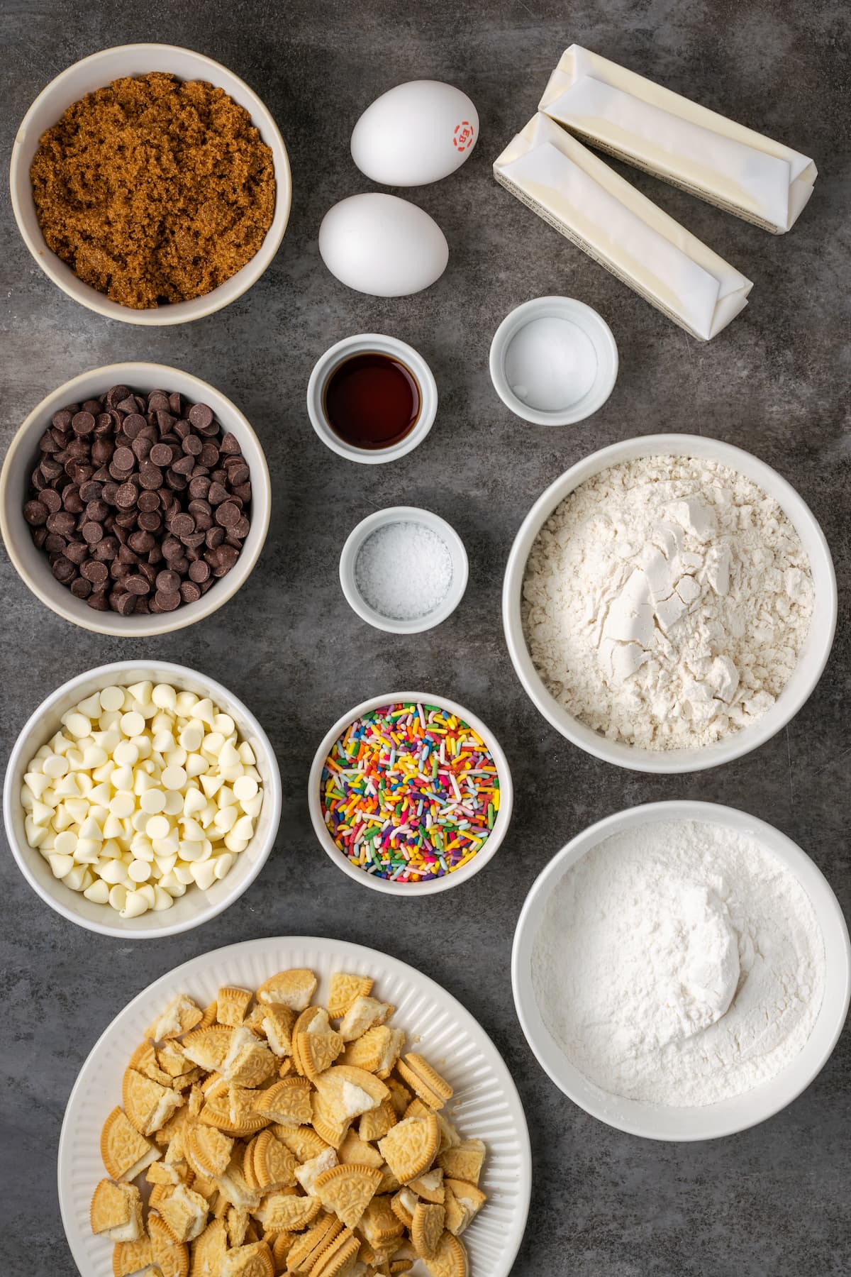 The ingredients for birthday cake chocolate chip cookies.