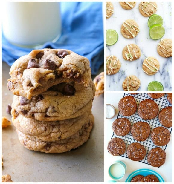 A Stack of Chocolate Chip Cookies Next to a Counter Full of Key Lime Pie Cookies and a Cooling Rack Holding Flourless Chocolate Cookies