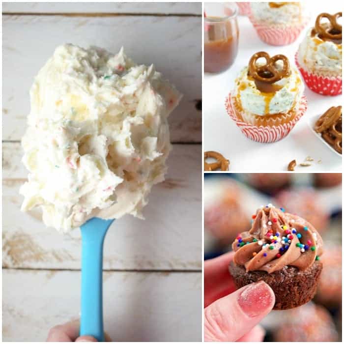 Cookie Batter Frosting on a Serving Spoon Beside Caramel Pretzel Cupcakes and a Mini Cupcake with Brownie Batter Frosting