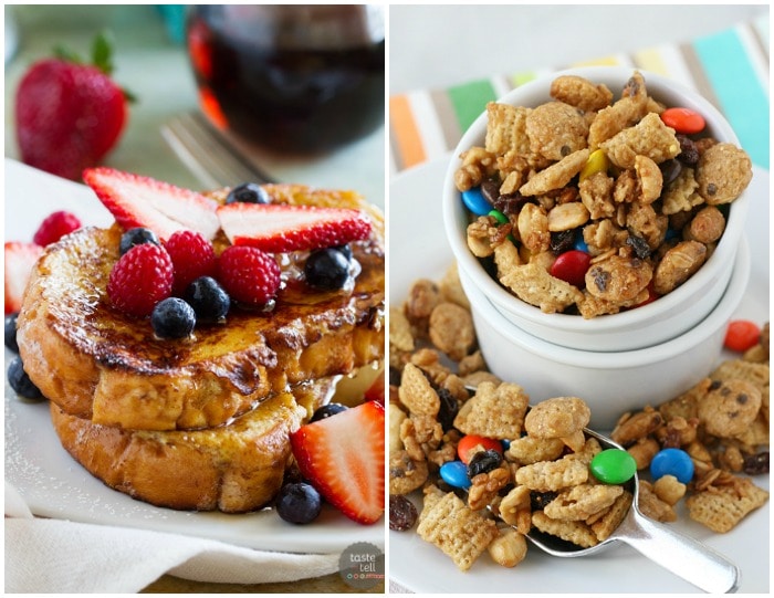 A Collage of Images of Ice Cream Soaked French Toast and Monster Cookie Snack Mix