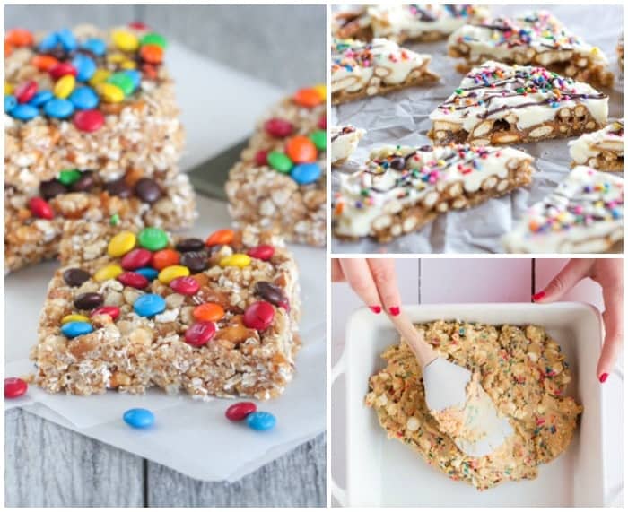 M&M Rice Krispie Treats Beside Pretzel Bark and the Dough for Confetti White Chocolate Bars