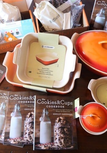 Cookbooks, Boxes of Food and the Rest of the Giveaway Prizes on a Tabletop