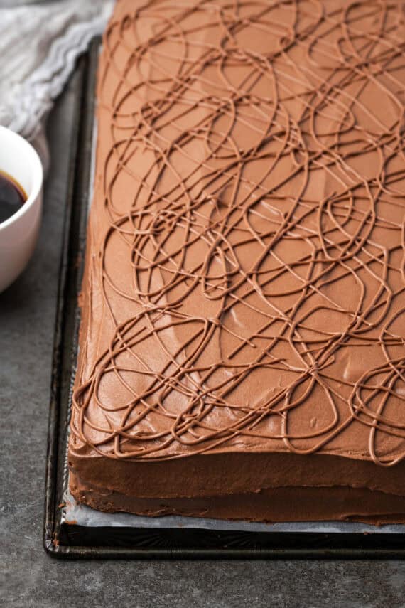 Frosted fudge cake swirled with icing on a wire rack.