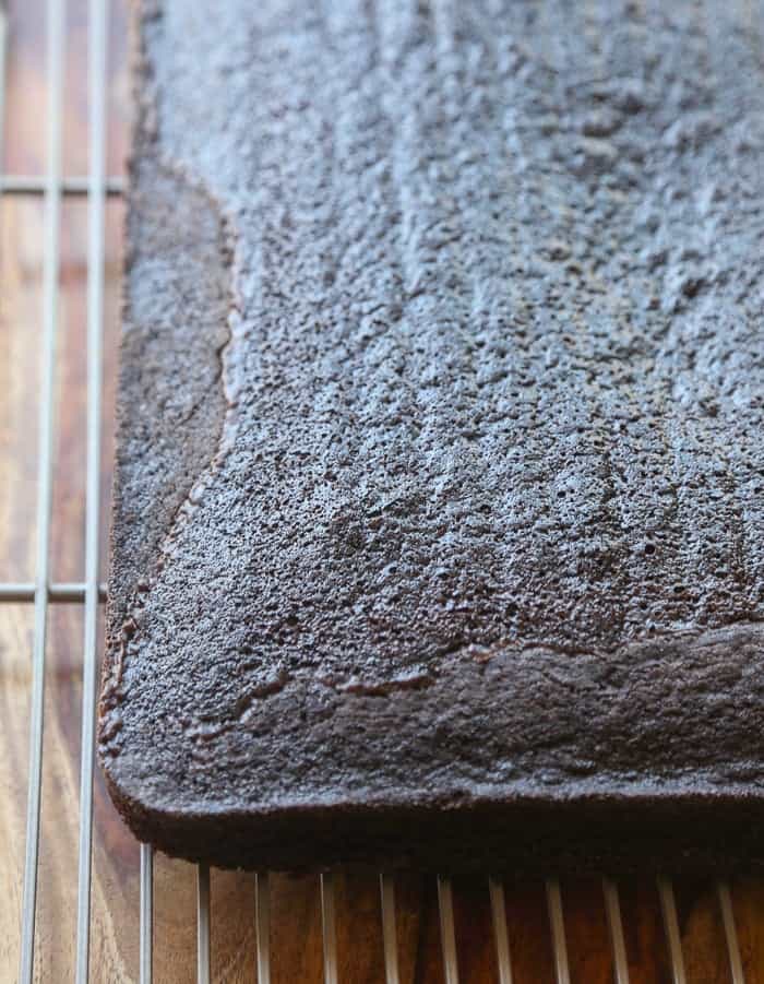 Baked fudge cake on a wire rack.