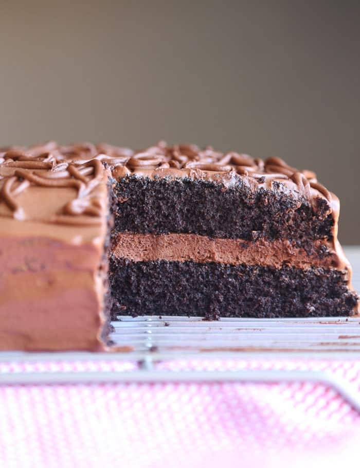 Frosted fudge cake with a slice missing to show the layers.