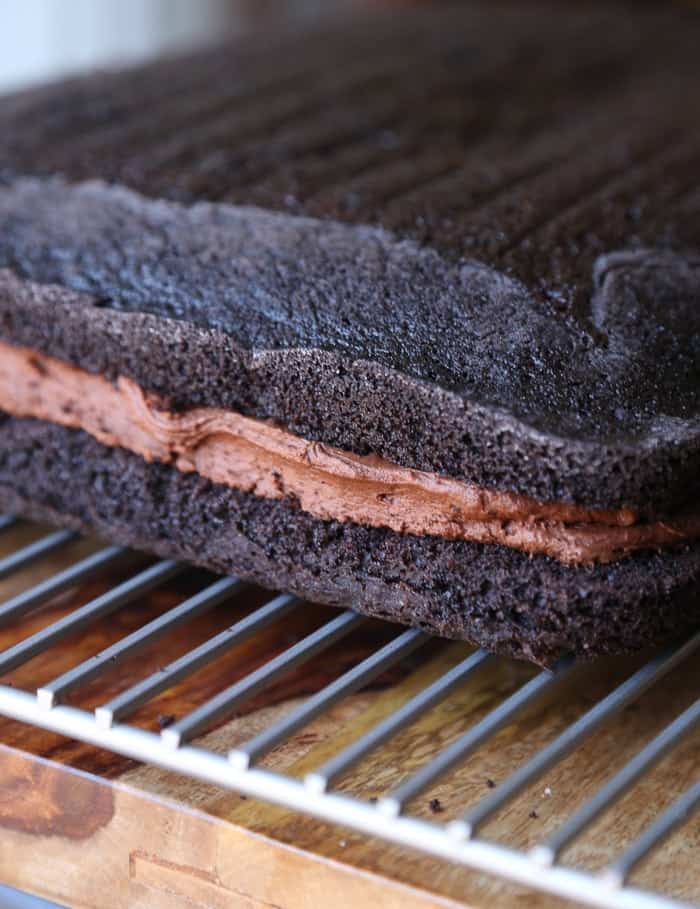 Layers of chocolate cake with creamy chocolate filling.