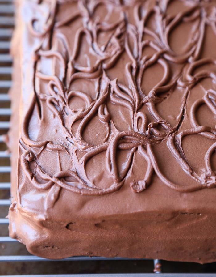Chocolate frosted cake with swirls of icing.