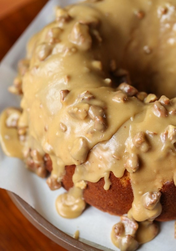 This Praline Bundt Cake is EVERYTHING! It's a soft brown sugar cake topped with ridiculous Praline icing.