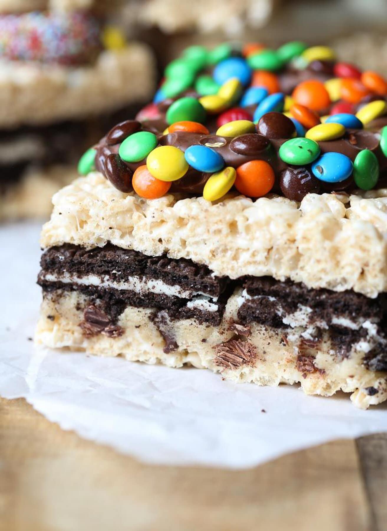 Oreo stuffed trashy treat topped with a chocolate pretzel 