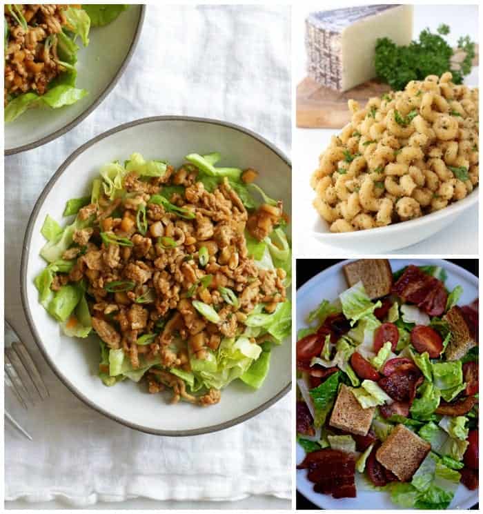 A Bowl of Chopped Chicken Salad Beside a Bowl of Garlic Bread Pasta and a Plate of BLT Salad