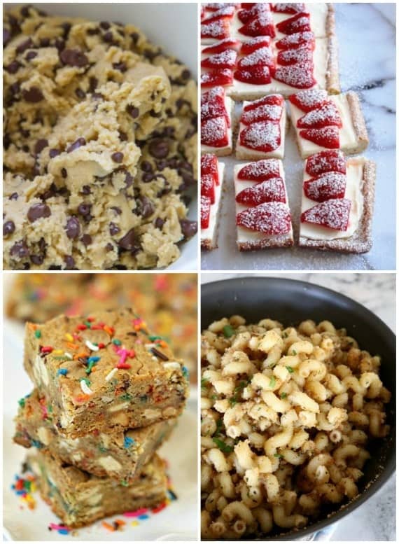 Browned Butter Chocolate Chip Cookie Dough in a Bowl Beside Strawberry Bars, Garlic Bread Pasta and Confetti White Chocolate Bars