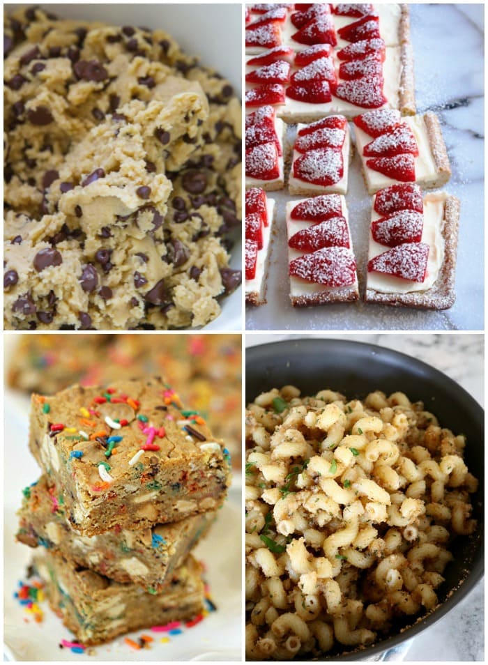 Browned Butter Chocolate Chip Cookie Dough in a Bowl Beside Strawberry Bars, Garlic Bread Pasta and Confetti White Chocolate Bars
