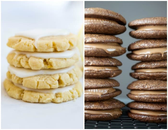 A Stack of Lemon Cookies Beside Two Stacks of Peanut Butter Cup Brownie Cookies