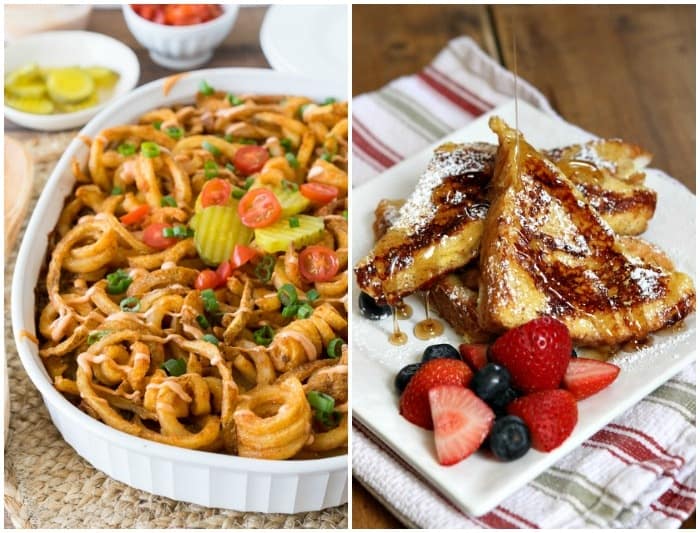 A Collage of an Image of a Cheeseburger Casserole and an Image of Ice Cream Soaked French Toast