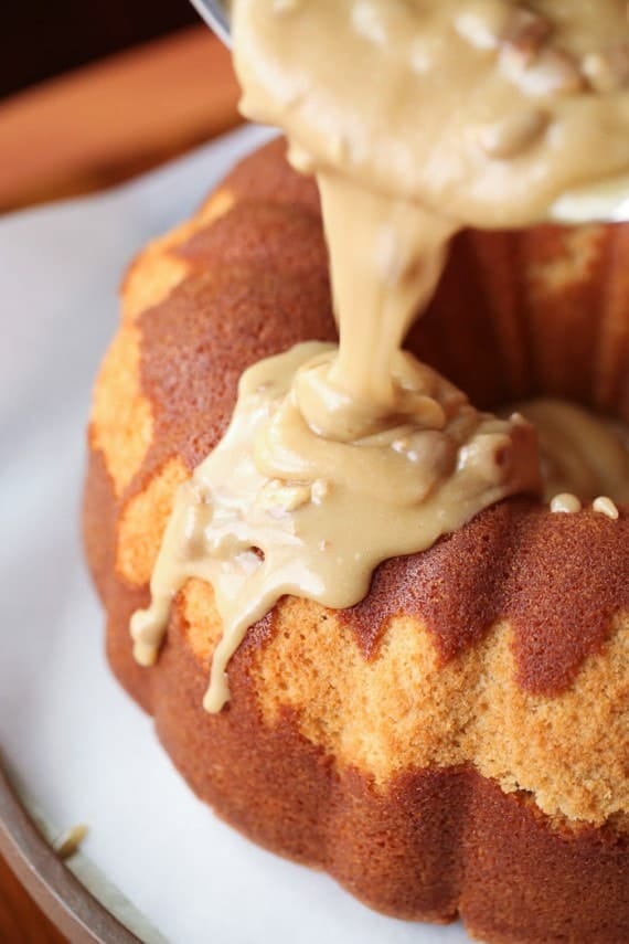 Pouring the Praline Icing on the most DELICIOUS Praline Bundt Cake!