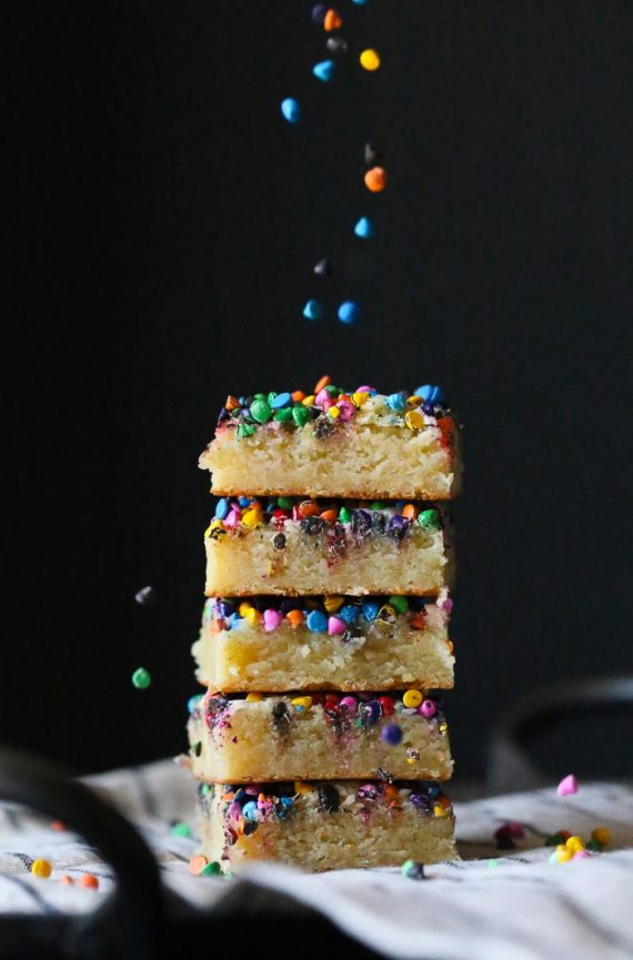 Rainbow Chip Blondies...no mixer required for these insanely buttery, chewy blondies topped with colorful rainbow chips...or even sprinkles!