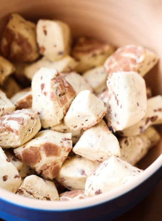 Cinnamon Roll chunks in a bowl