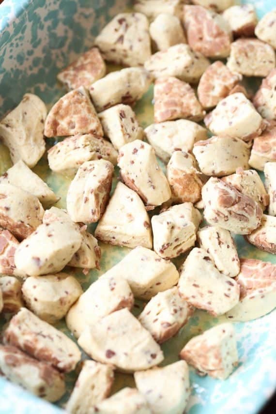 Cinnamon Roll chunks in a baking dish