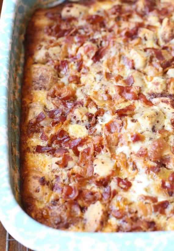 Overhead view of Cinnamon Roll Breakfast Bake in a baking dish