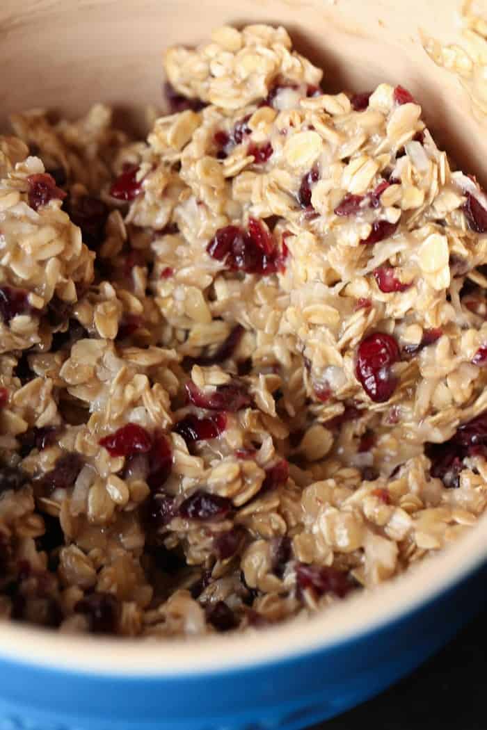 A mixing bowl filled with the dough mixture for healthy Banana Oatmeal Cookies.