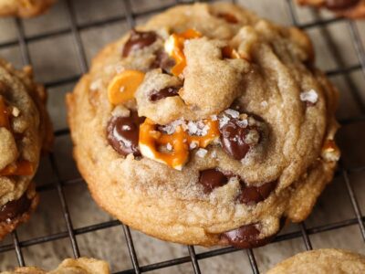 Sea Salt Butterscotch Pretzel Cookies are my new salty/sweet obsession! Browned Butter adds depth to the flavor while the butterscotch and chocolate chips keep things perfectly sweet!