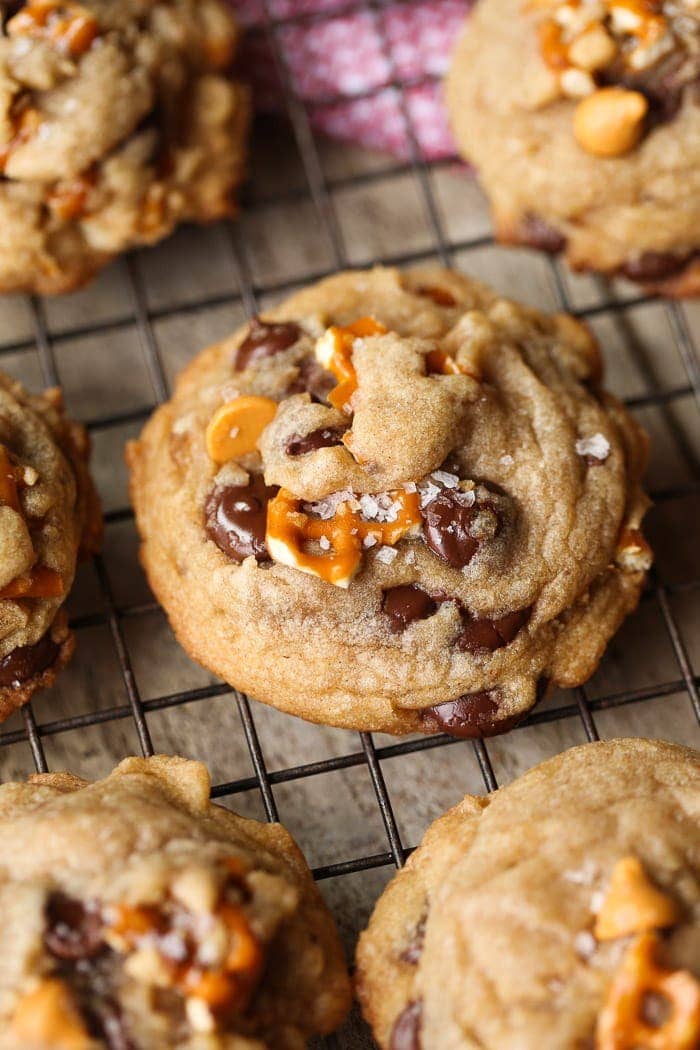 Sea Salt Butterscotch Pretzel Cookies are my new salty/sweet obsession! Browned Butter adds depth to the flavor while the butterscotch and chocolate chips keep things perfectly sweet!