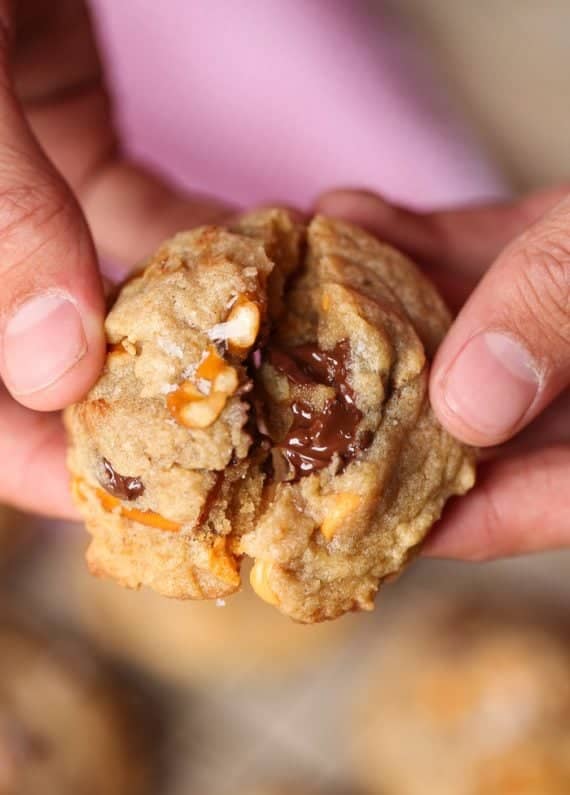 Sea Salt Butterscotch Pretzel Cookies are my new salty/sweet obsession! Browned Butter adds depth to the flavor while the butterscotch and chocolate chips keep things perfectly sweet!