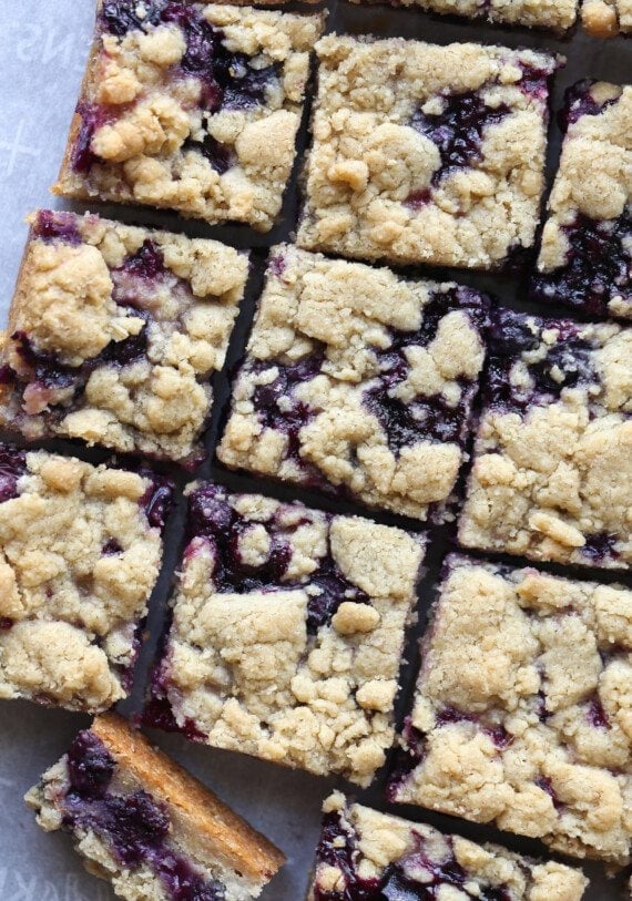 Blueberry Crumble Bars cut into squares from above
