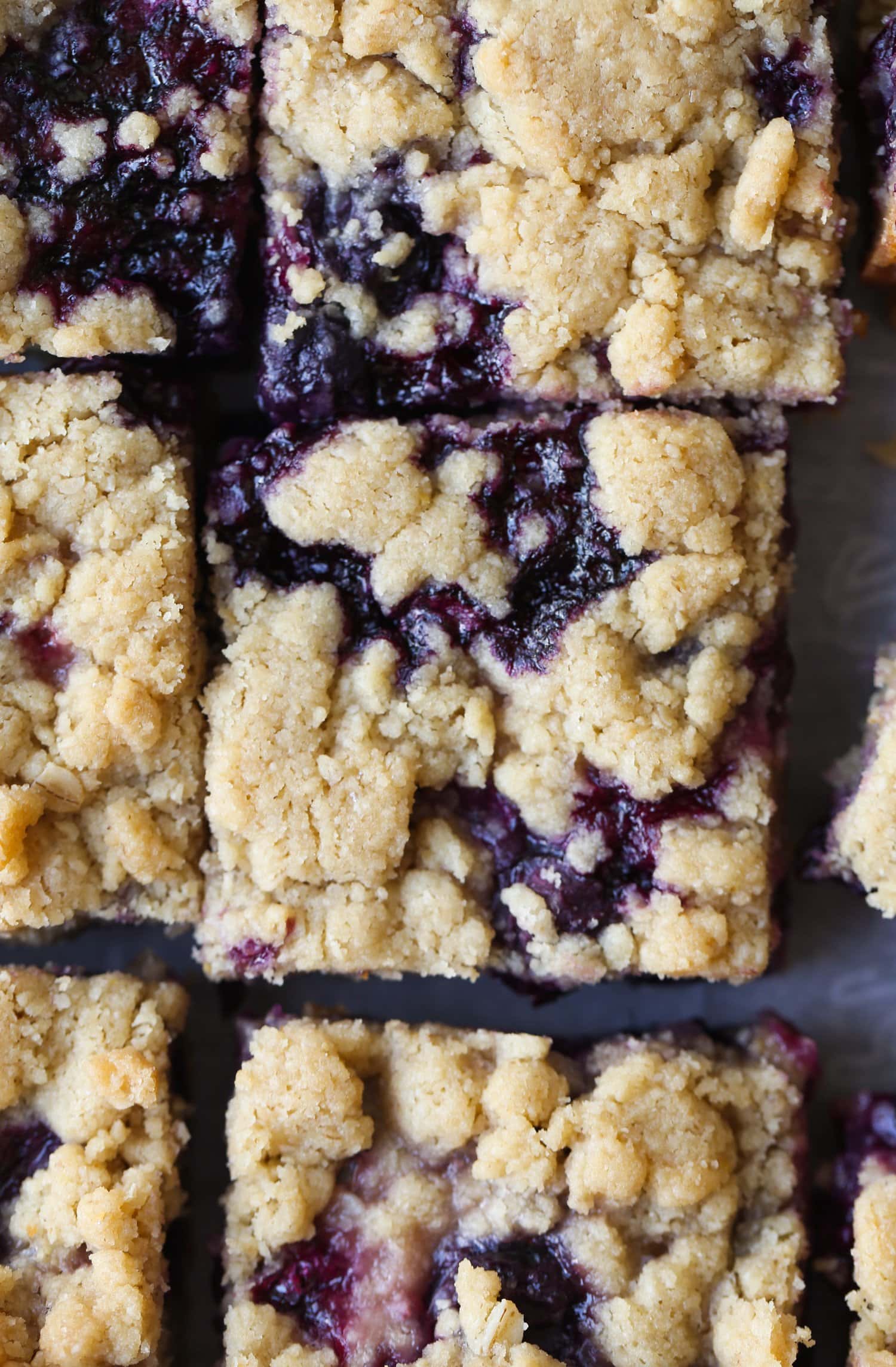 Crispy topping on blueberry bars close up