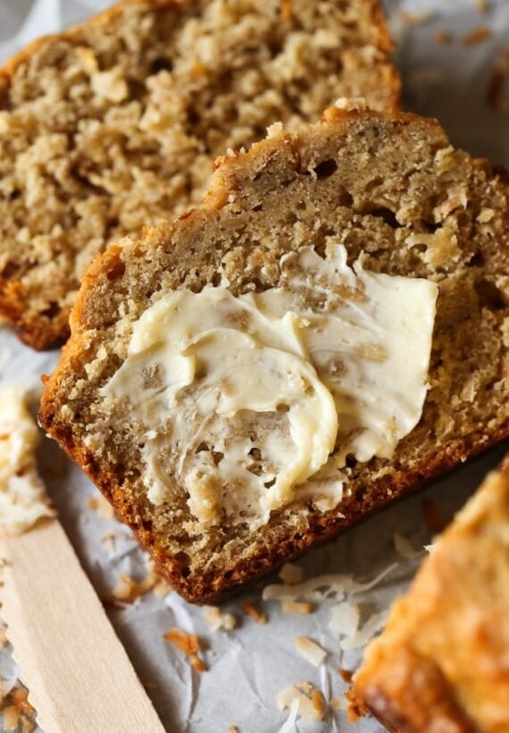 Toasted Coconut Banana Bread is a moist, soft banana bread recipe