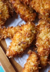 Crispy Coconut Chicken Strips!!! Such a quick and easy weeknight meal or amazing appetizer idea! My family LOVES THESE!!!