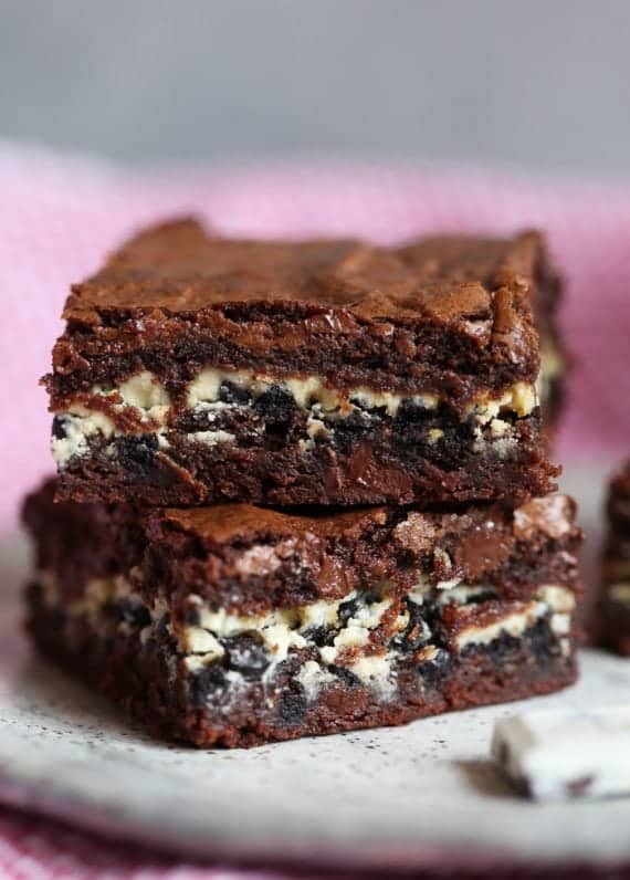 Cookies and Cream Stuffed Brownies are thick, fudgy brownies