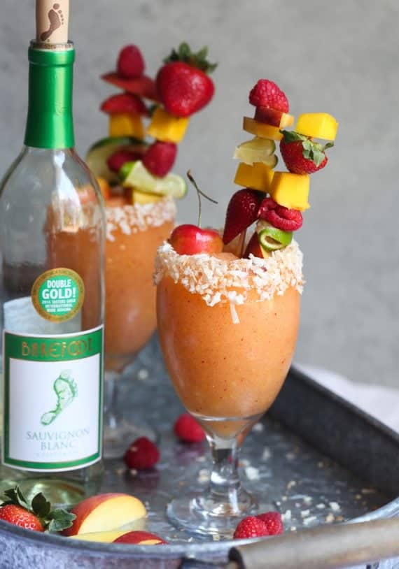 Frozen White Sangria made with Barefoot Sauvingnon Blanc! Such a fun party drink!