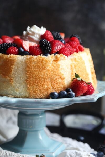 angel food cake with wine soaked berries
